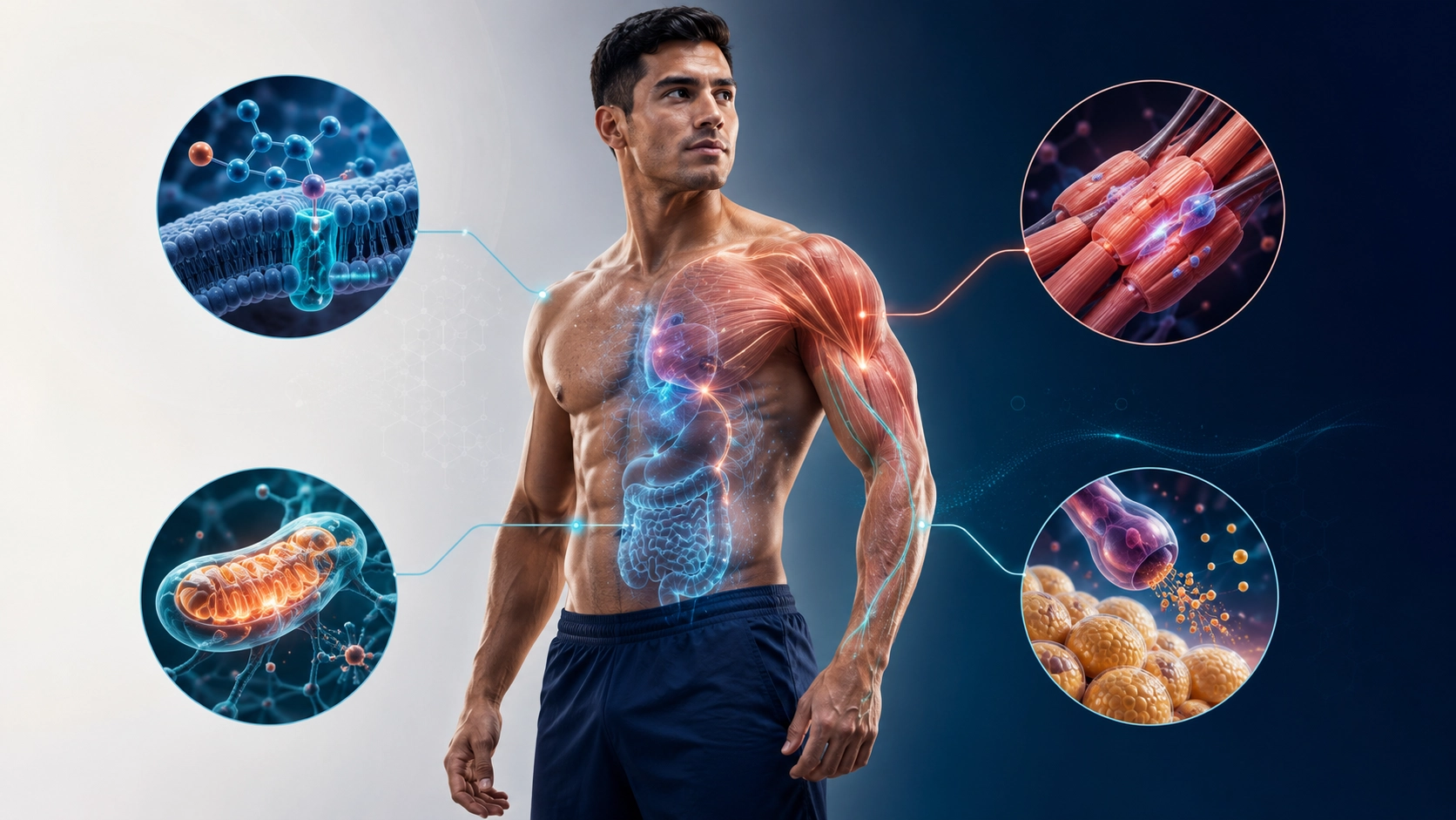 Hombre atlético con representación de procesos biológicos