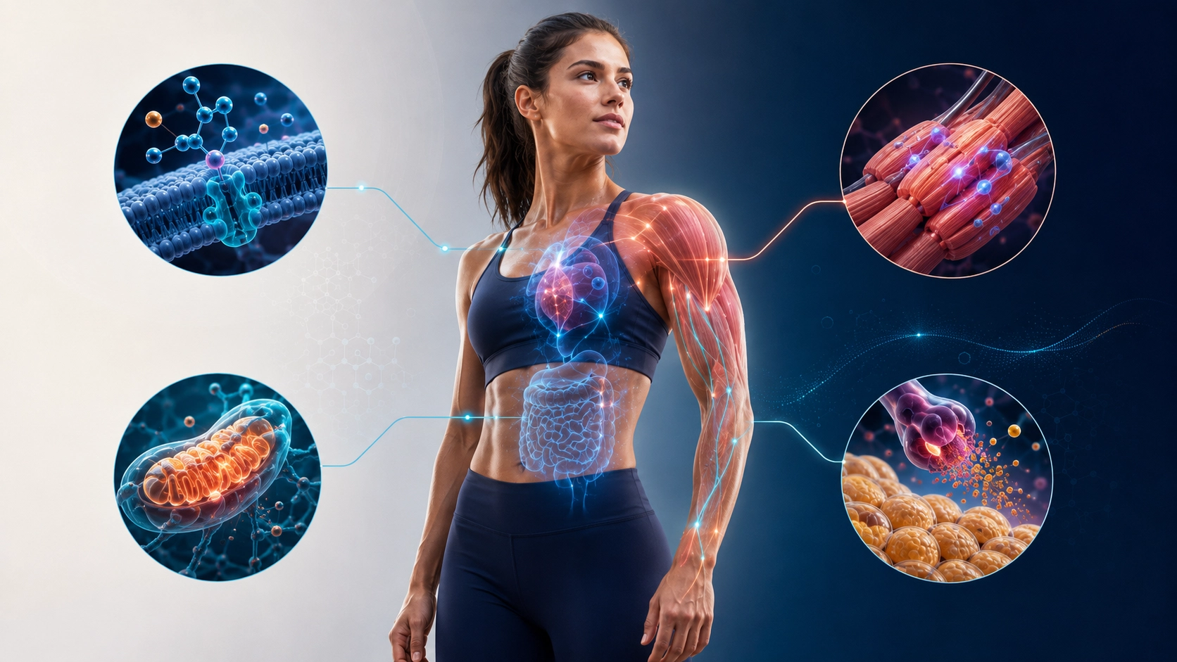 Mujer con representación visual de procesos biológicos internos